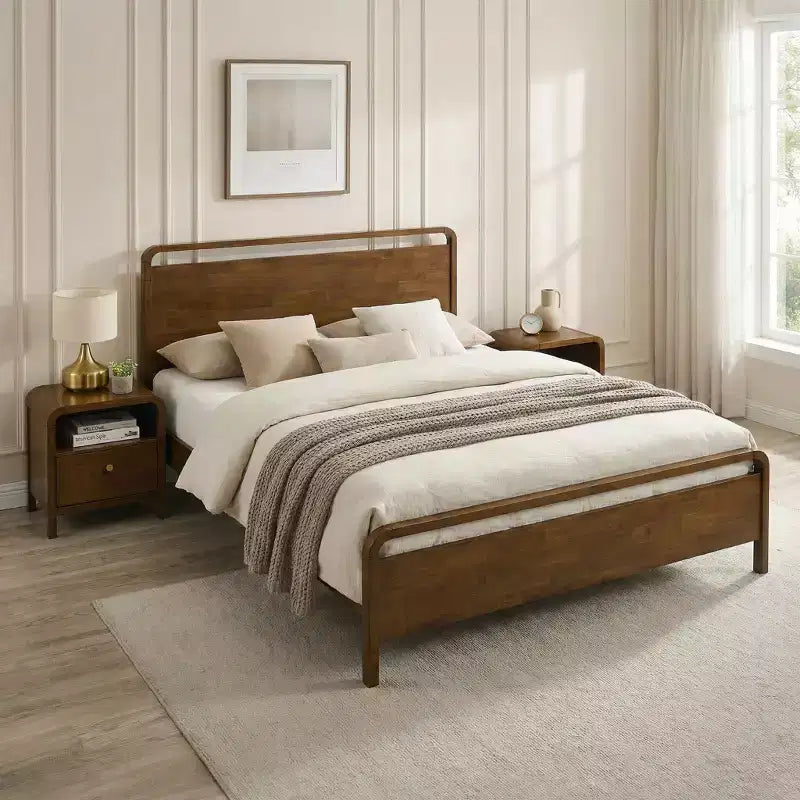 Ensemble de chambre à coucher en bois Eldren de Roundhill Furniture, lit plateforme avec deux tables de chevet, finition noyer