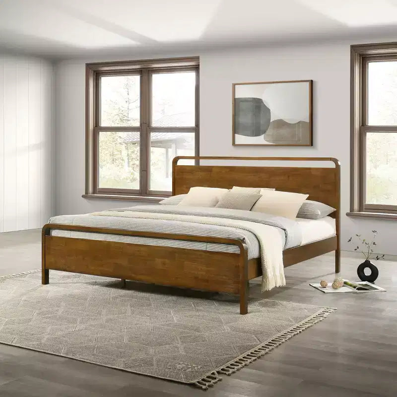 Ensemble de chambre à coucher en bois Eldren de Roundhill Furniture, lit plateforme avec deux tables de chevet, finition noyer