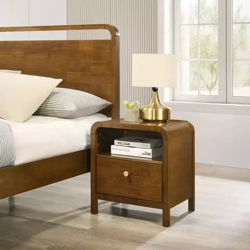 Ensemble de chambre à coucher en bois Eldren de Roundhill Furniture, lit plateforme avec deux tables de chevet, finition noyer