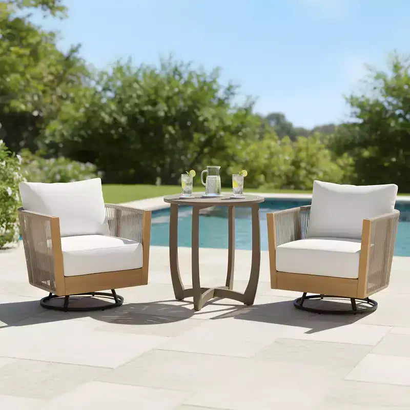 Christopher Knight Home Rahul Modern 3 Piece Acacia Patio Swivel Chairs with Rope Design and Bistro Table Set