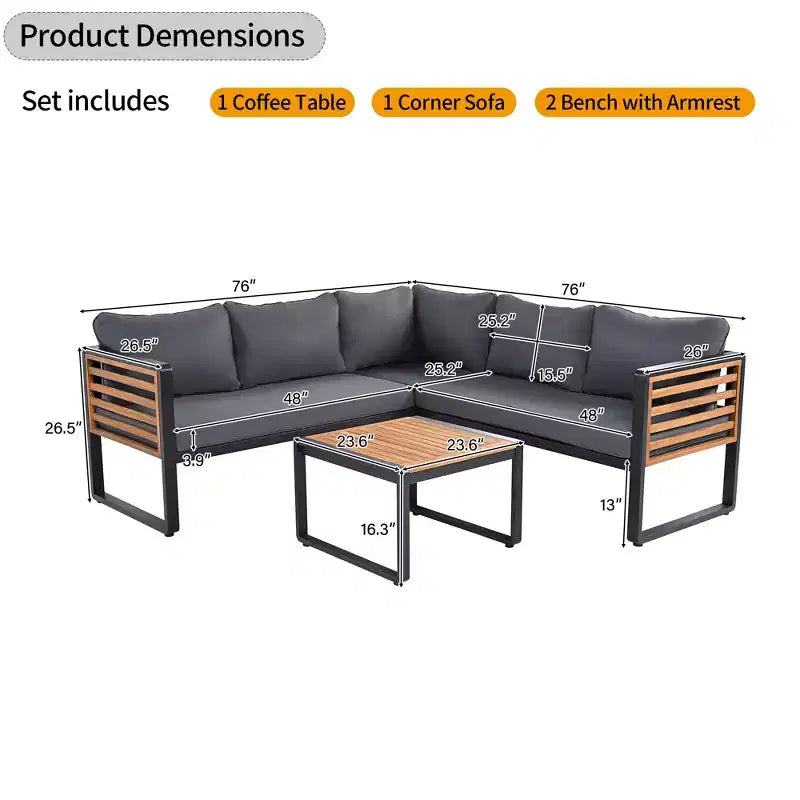 GDFStudio Cameron Salon de jardin moderne 4 pièces en bois d'acacia et métal avec table basse et coussins
