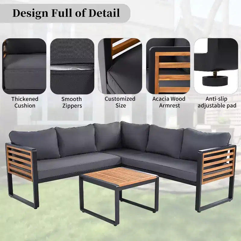 GDFStudio Cameron Salon de jardin moderne 4 pièces en bois d'acacia et métal avec table basse et coussins