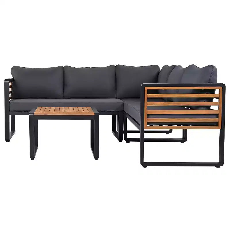 GDFStudio Cameron Salon de jardin moderne 4 pièces en bois d'acacia et métal avec table basse et coussins