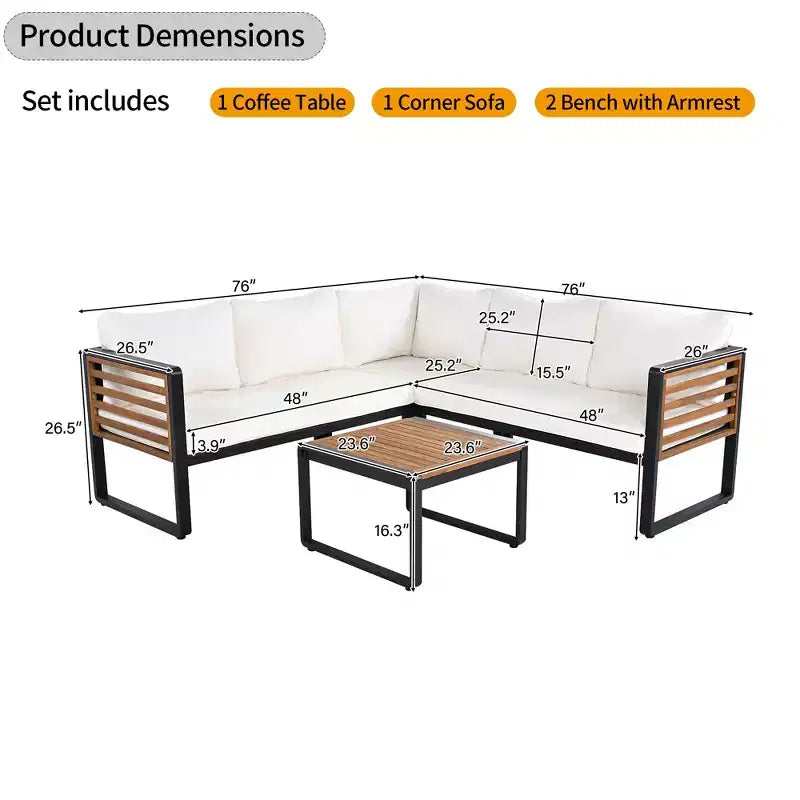 GDFStudio Cameron Salon de jardin moderne 4 pièces en bois d'acacia et métal avec table basse et coussins