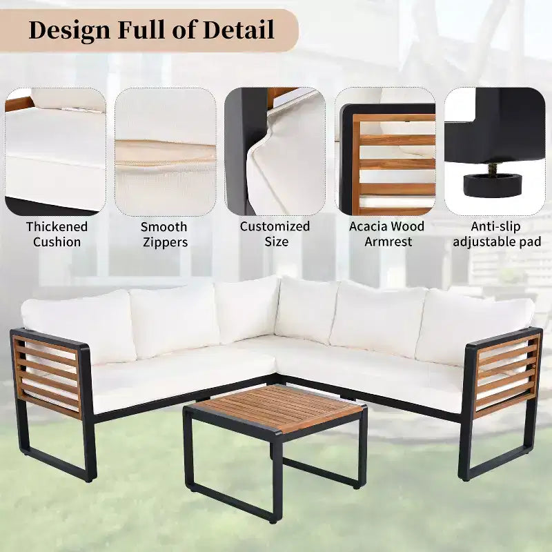 GDFStudio Cameron Salon de jardin moderne 4 pièces en bois d'acacia et métal avec table basse et coussins