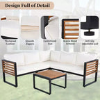 GDFStudio Cameron Salon de jardin moderne 4 pièces en bois d'acacia et métal avec table basse et coussins