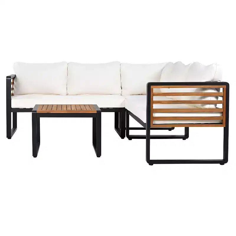 GDFStudio Cameron Salon de jardin moderne 4 pièces en bois d'acacia et métal avec table basse et coussins