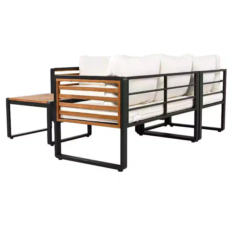 GDFStudio Cameron Salon de jardin moderne 4 pièces en bois d'acacia et métal avec table basse et coussins