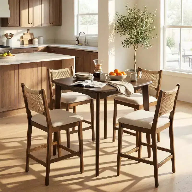 Christopher Knight Home La Modern Ensemble de 5 pièces en bois d'hévéa et tissu, avec table carrée et design en corde, hauteur comptoir