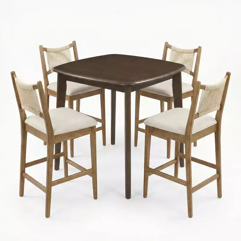 Christopher Knight Home La Modern Ensemble de 5 pièces en bois d'hévéa et tissu, avec table carrée et design en corde, hauteur comptoir