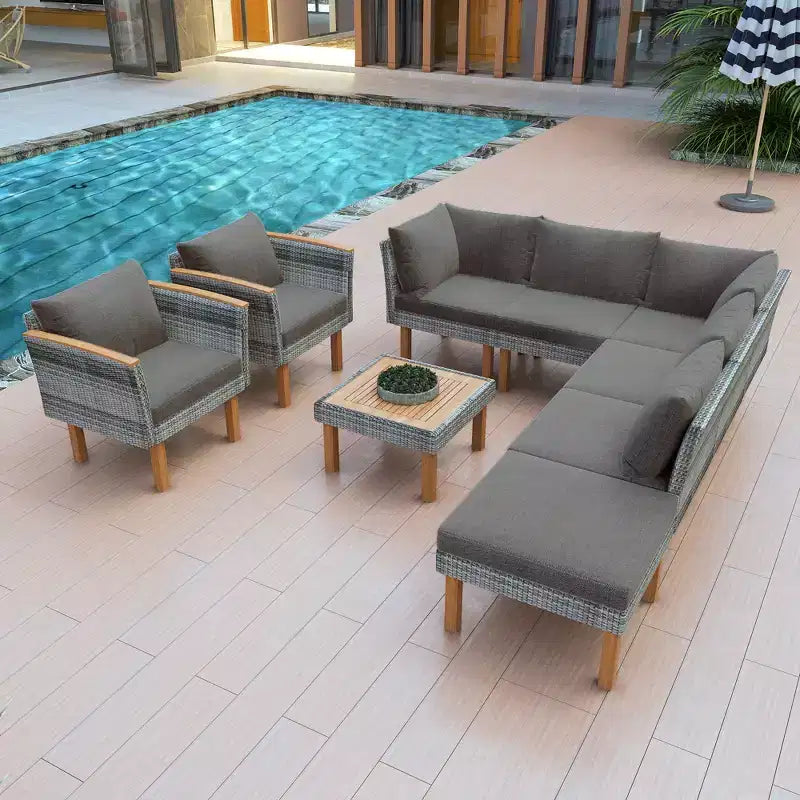 GDFStudio Preston Patio Modern PE Rattan 9-Piece Patio Sectional Conversation Set with Table and Cushioned