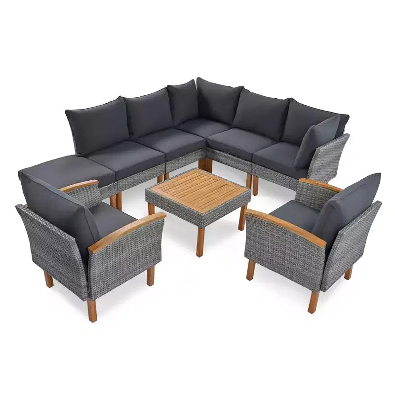 GDFStudio Preston Patio Salon de conversation sectionnel moderne en rotin synthétique 9 pièces avec table et coussins