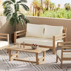 Ensemble de 5 meubles de patio ModernLuxe en bois d'acacia avec table basse, salon de jardin avec coussins beiges, finition teck clair