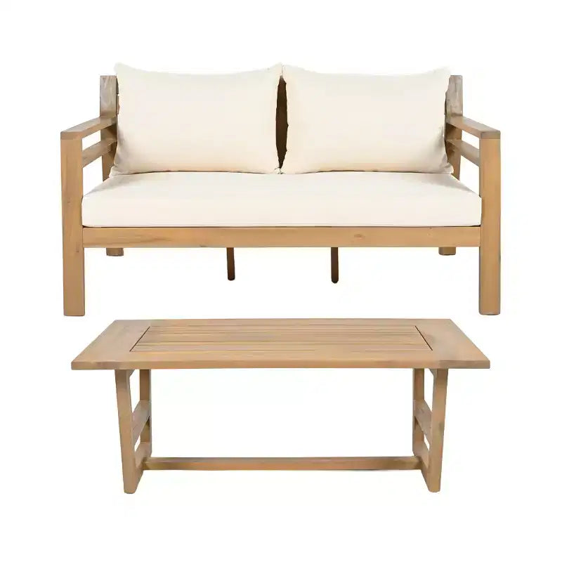 Ensemble de 5 meubles de patio ModernLuxe en bois d'acacia avec table basse, salon de jardin avec coussins beiges, finition teck clair