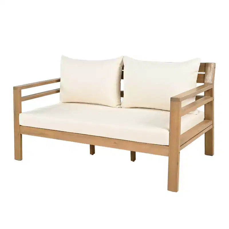 Ensemble de 5 meubles de patio ModernLuxe en bois d'acacia avec table basse, salon de jardin avec coussins beiges, finition teck clair