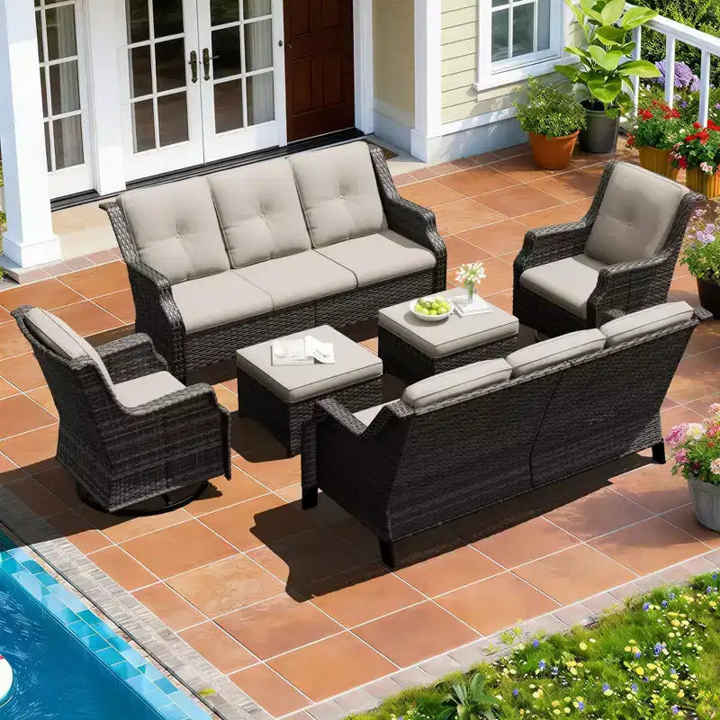 Ensemble de sièges d'extérieur modulaires UPTIOT avec canapés, fauteuils à bascule et poufs pour un confort polyvalent sur votre terrasse