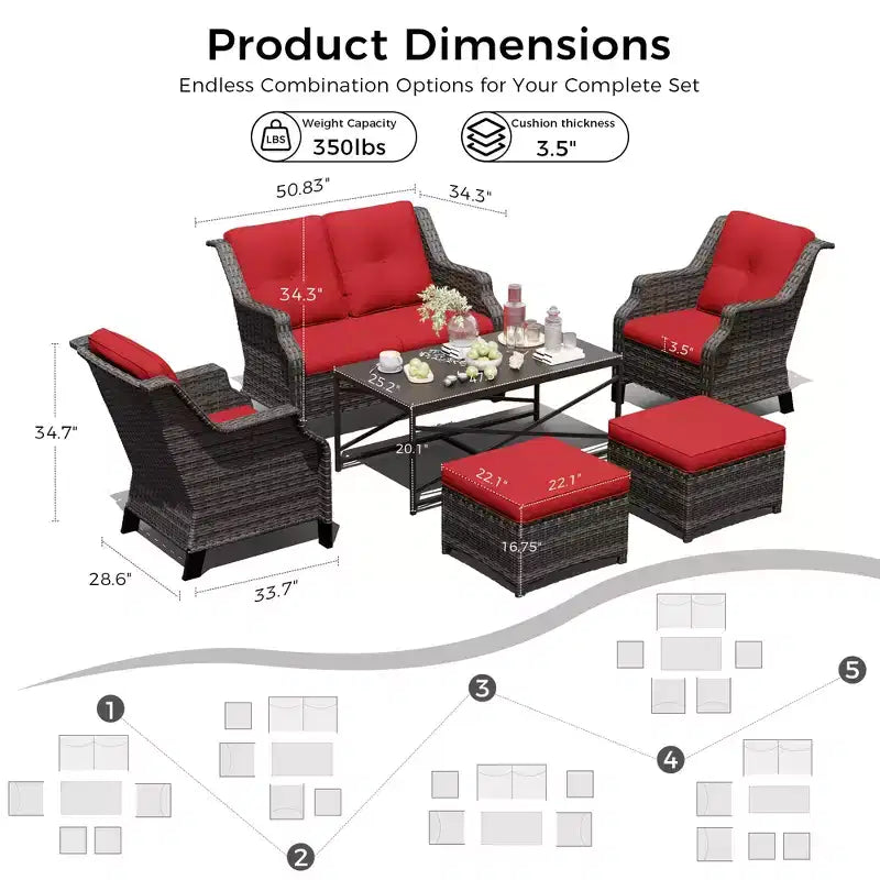 Ensemble modulaire extérieur UPTIOT : canapé 2 places, 2 fauteuils à bascule, 2 poufs et table basse pour une terrasse polyvalente