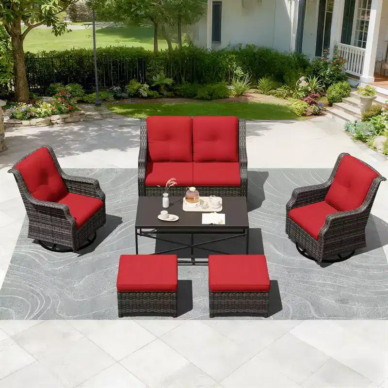 Ensemble modulaire extérieur UPTIOT : canapé 2 places, 2 fauteuils à bascule, 2 poufs et table basse pour une terrasse polyvalente