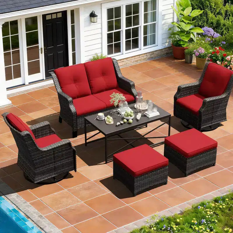 Ensemble modulaire extérieur UPTIOT : canapé 2 places, 2 fauteuils à bascule, 2 poufs et table basse pour une terrasse polyvalente