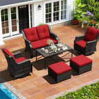 Ensemble modulaire extérieur UPTIOT : canapé 2 places, 2 fauteuils à bascule, 2 poufs et table basse pour une terrasse polyvalente
