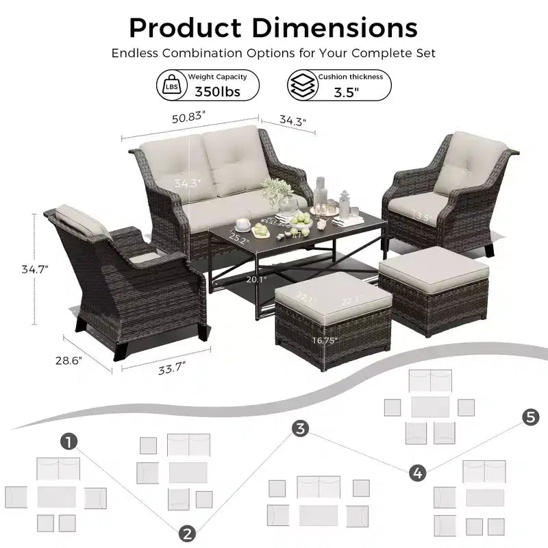 Ensemble modulaire extérieur UPTIOT : canapé 2 places, 2 fauteuils à bascule, 2 poufs et table basse pour une terrasse polyvalente