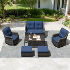Ensemble modulaire extérieur UPTIOT : canapé 2 places, 2 fauteuils à bascule, 2 poufs et table basse pour une terrasse polyvalente