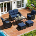 Ensemble modulaire extérieur UPTIOT : canapé 2 places, 2 fauteuils à bascule, 2 poufs et table basse pour une terrasse polyvalente
