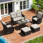 Ensemble modulaire extérieur UPTIOT : canapé 2 places, 2 fauteuils à bascule, 2 poufs et table basse pour une terrasse polyvalente
