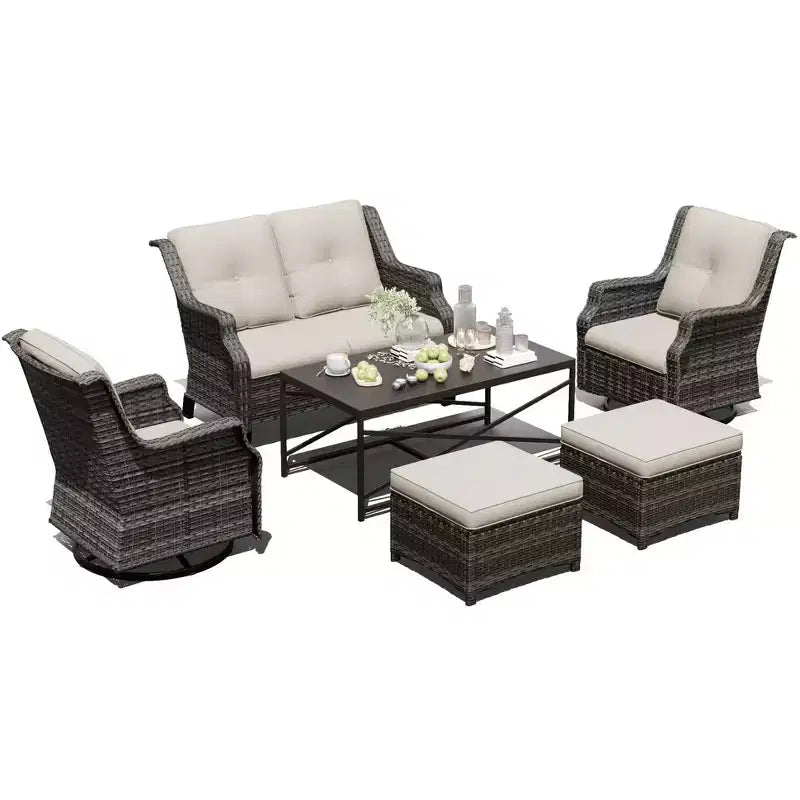 UPTIOT Outdoor Modular Set: 2-Seater Sofa, 2 Rockers, 2 Ottomans & Coffee Table for Versatile Patio
