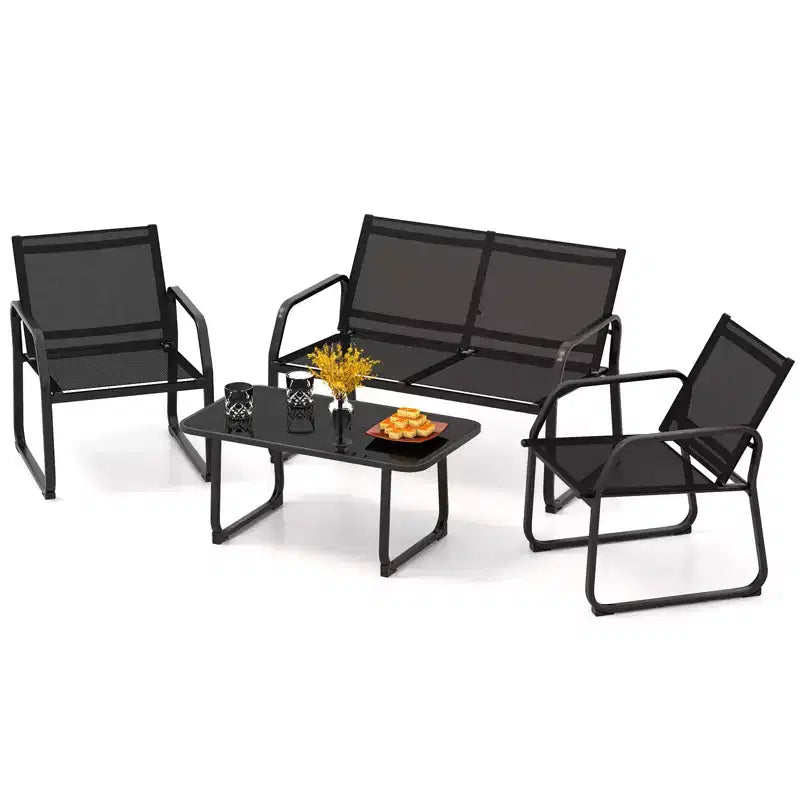 Costway 4 PCS Patio Conversation Set w/ Breathable Fabric Seat Tempered Glass Tabletop