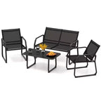 Costway 4 PCS Patio Conversation Set w/ Breathable Fabric Seat Tempered Glass Tabletop