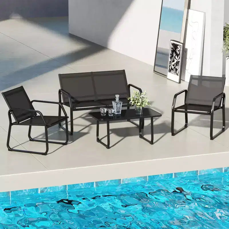 Ensemble de conversation de patio Costway 4 pièces avec siège en tissu respirant et plateau de table en verre trempé