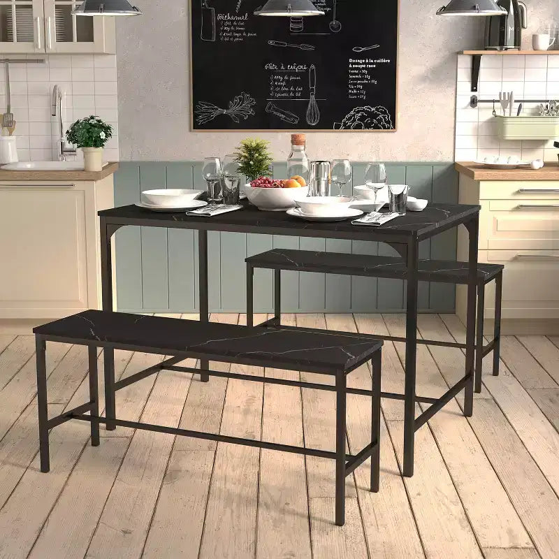 Ensemble de table à manger FurnitureR 3 pièces avec bancs, ensemble de table de cuisine moderne en marbre, ensemble de salle à manger peu encombrant pour appartement ou petite salle à manger