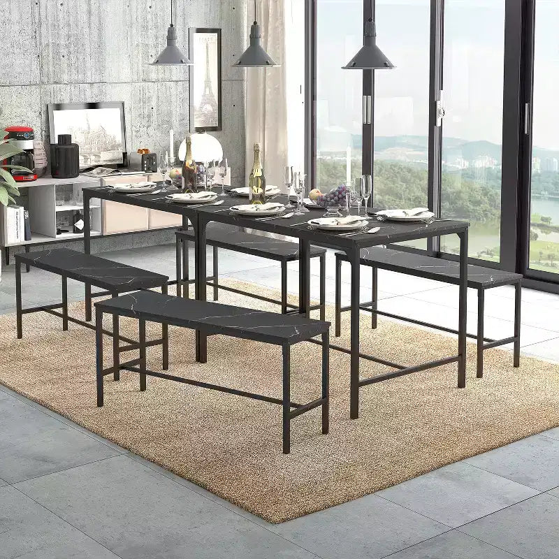 Ensemble de table à manger FurnitureR 3 pièces avec bancs, ensemble de table de cuisine moderne en marbre, ensemble de salle à manger peu encombrant pour appartement ou petite salle à manger