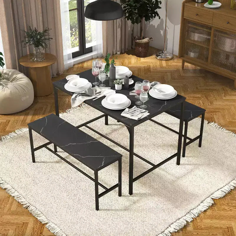 Ensemble de table à manger FurnitureR 3 pièces avec bancs, ensemble de table de cuisine moderne en marbre, ensemble de salle à manger peu encombrant pour appartement ou petite salle à manger