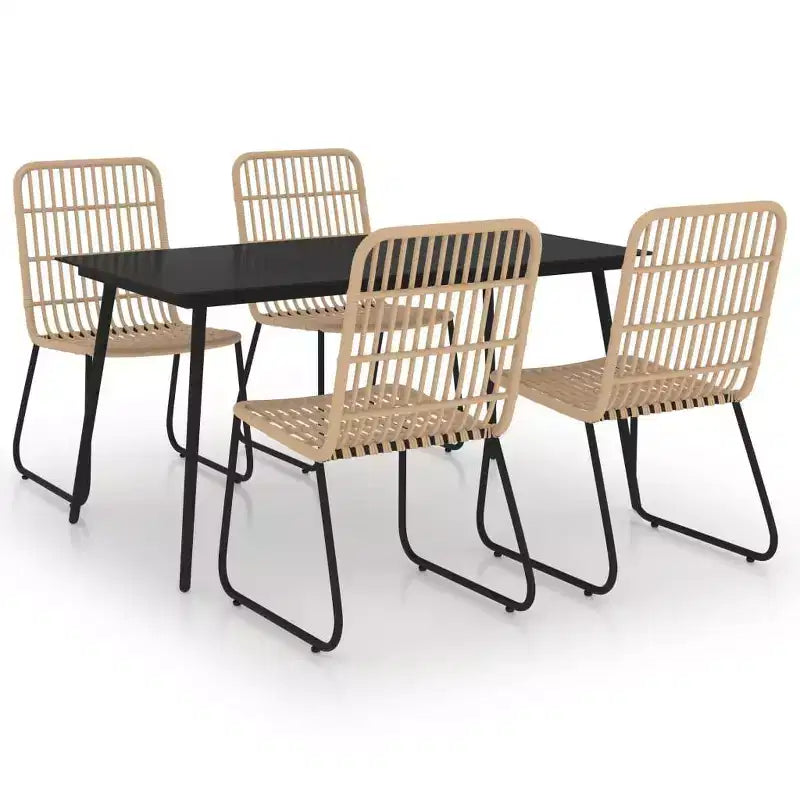 vidaXL Dining Set Oak and Black Poly Rattan, Powder-Coated Steel, Glass
