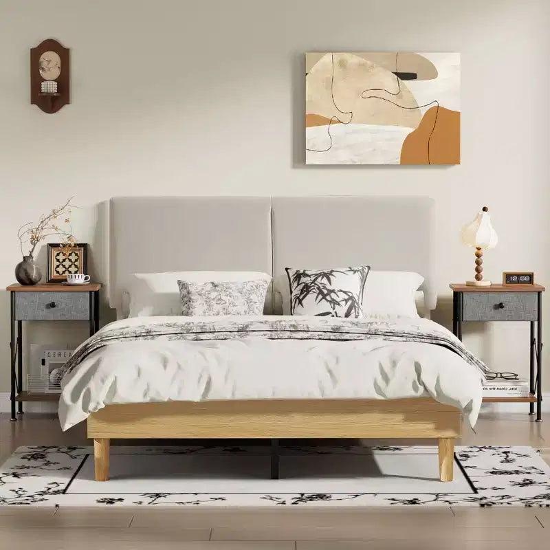 Ensemble 3 pièces VECELO : lit rembourré et tables de chevet, cadre de lit en tissu beige clair avec 2 tables de chevet de rangement