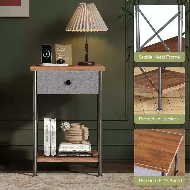 Ensemble 3 pièces VECELO : lit rembourré et tables de chevet, cadre de lit en tissu beige clair avec 2 tables de chevet de rangement