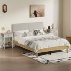 Ensemble 3 pièces VECELO : lit rembourré et tables de chevet, cadre de lit en tissu beige clair avec 2 tables de chevet de rangement