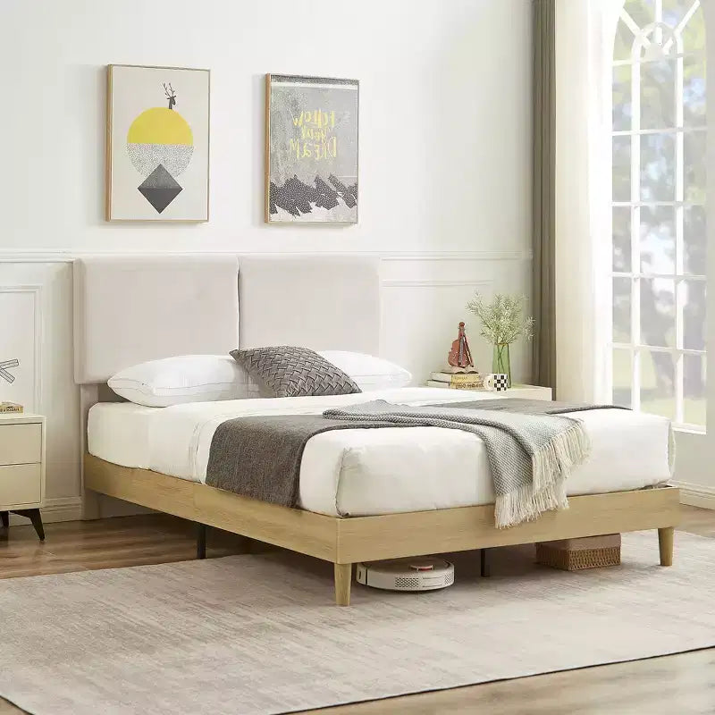 Ensemble 3 pièces VECELO : lit rembourré et tables de chevet, cadre de lit en tissu beige clair avec 2 tables de chevet de rangement