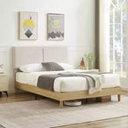 Ensemble 3 pièces VECELO : lit rembourré et tables de chevet, cadre de lit en tissu beige clair avec 2 tables de chevet de rangement