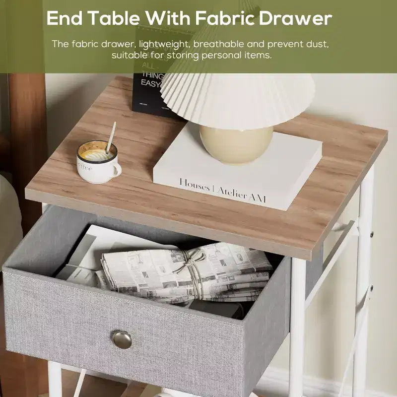 Ensemble 3 pièces VECELO : lit rembourré et tables de chevet, cadre de lit en tissu beige clair avec 2 tables de chevet de rangement