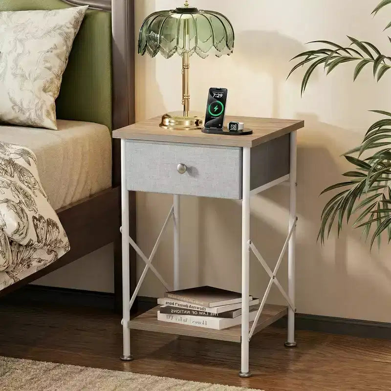 Ensemble 3 pièces VECELO : lit rembourré et tables de chevet, cadre de lit en tissu beige clair avec 2 tables de chevet de rangement