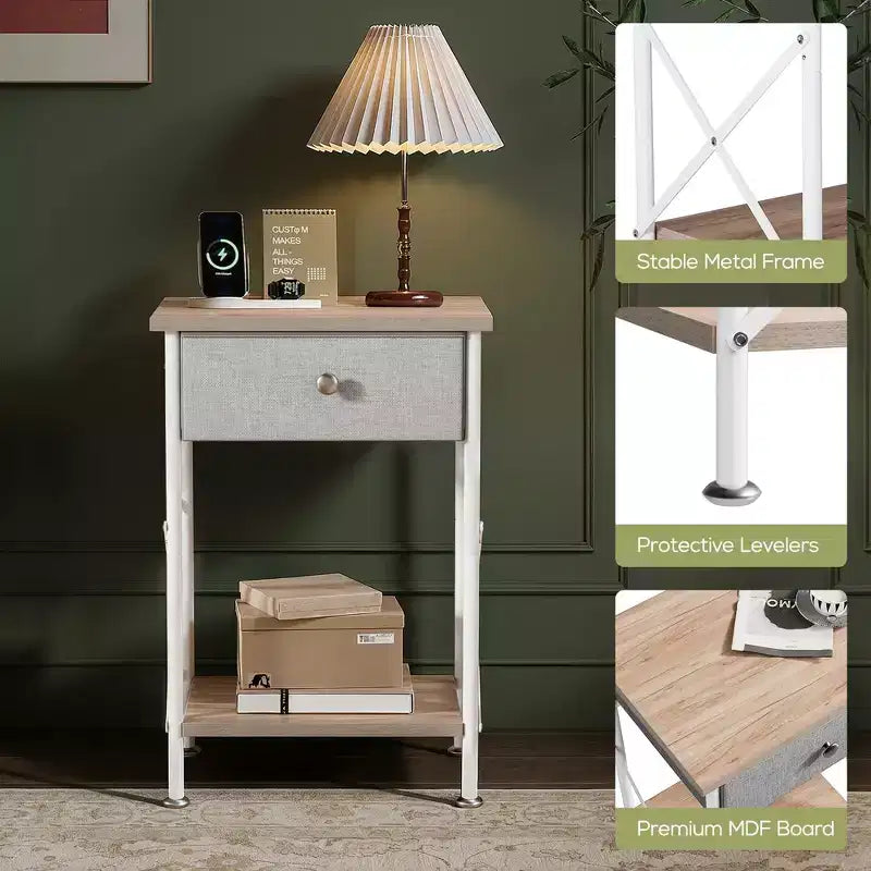 Ensemble 3 pièces VECELO : lit rembourré et tables de chevet, cadre de lit en tissu beige clair avec 2 tables de chevet de rangement