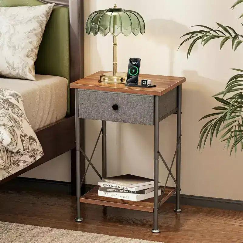 Ensemble 3 pièces VECELO : lit rembourré et tables de chevet, cadre de lit en tissu beige clair avec 2 tables de chevet de rangement