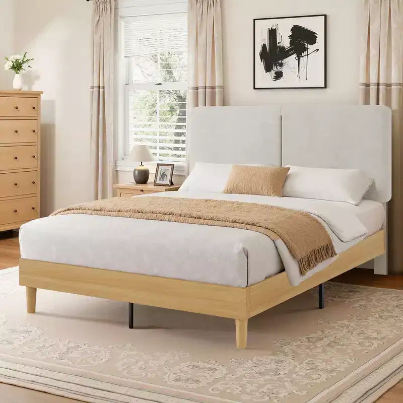 Ensemble 3 pièces VECELO : lit rembourré et tables de chevet, cadre de lit en tissu beige clair avec 2 tables de chevet de rangement