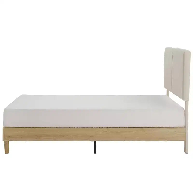 Ensemble 3 pièces VECELO : lit rembourré et tables de chevet, cadre de lit en tissu beige clair avec 2 tables de chevet de rangement