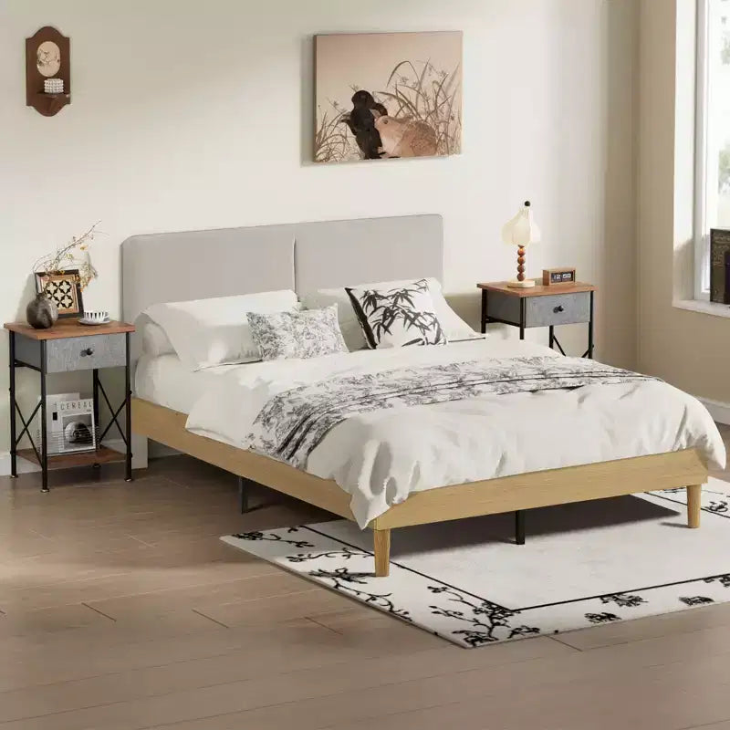 VECELO 3-Piece Upholstered Bed & Nightstand Set, Light Beige Fabric Bed Frame with 2 Storage Nightstands