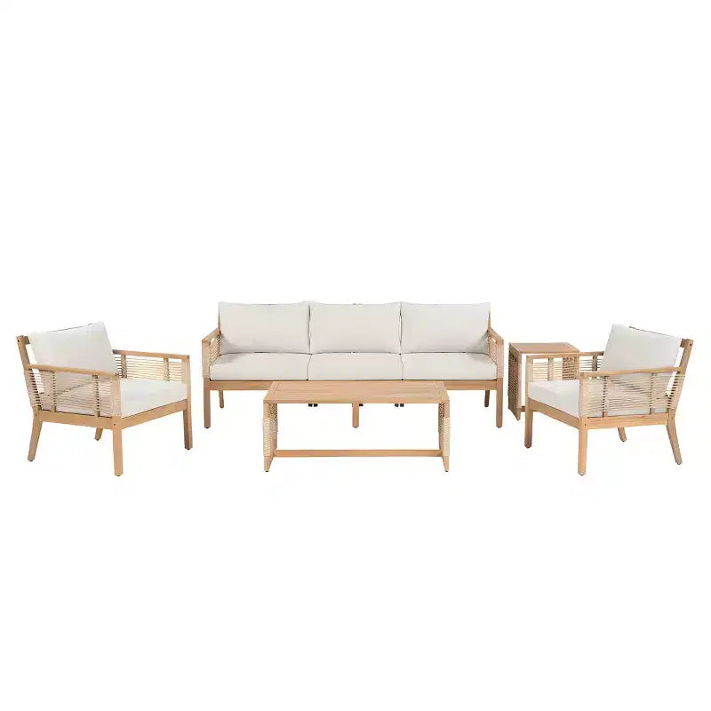 Ensemble de canapé d'extérieur 5 pièces, salon de jardin en bois d'acacia avec canapé 3 places, 2 fauteuils et 2 tables basses pour jardin, bord de piscine-Panipeachy