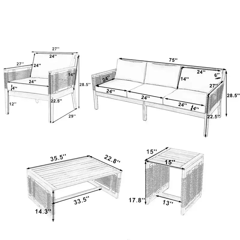 Ensemble de canapé d'extérieur 5 pièces, salon de jardin en bois d'acacia avec canapé 3 places, 2 fauteuils et 2 tables basses pour jardin, bord de piscine-Panipeachy